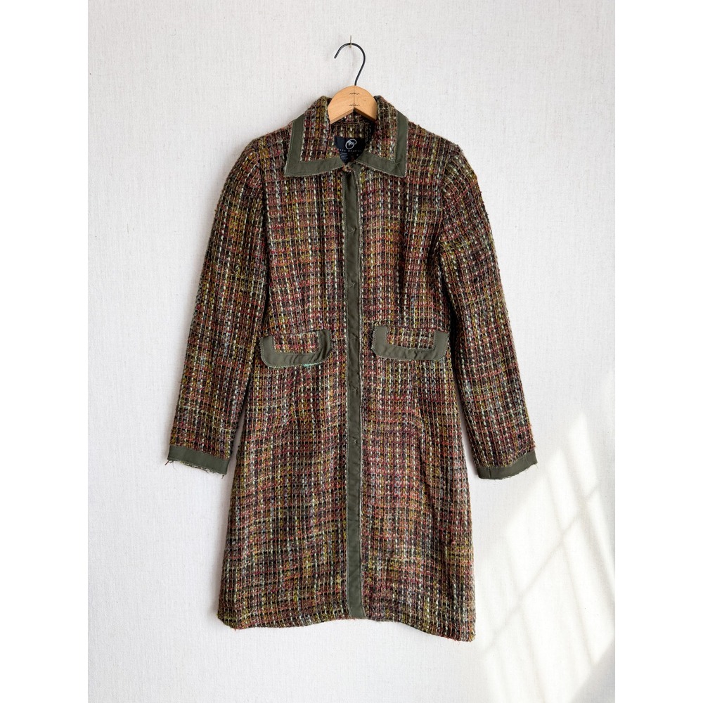 True Meaning Womens Multi Color Tweed Coat Olive Green Trim Snap Front‎ Size XS